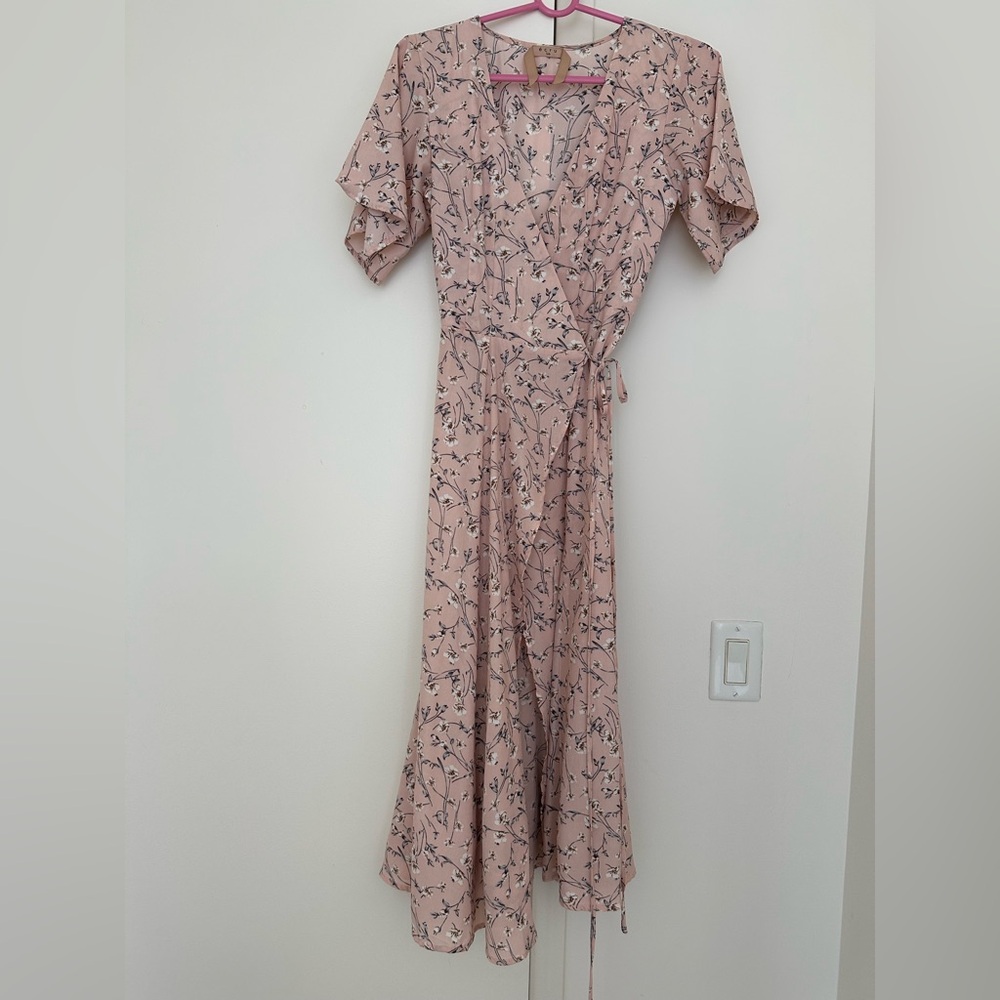 Ecru Lab Pink Floral Pattern Midi Wrap Dress